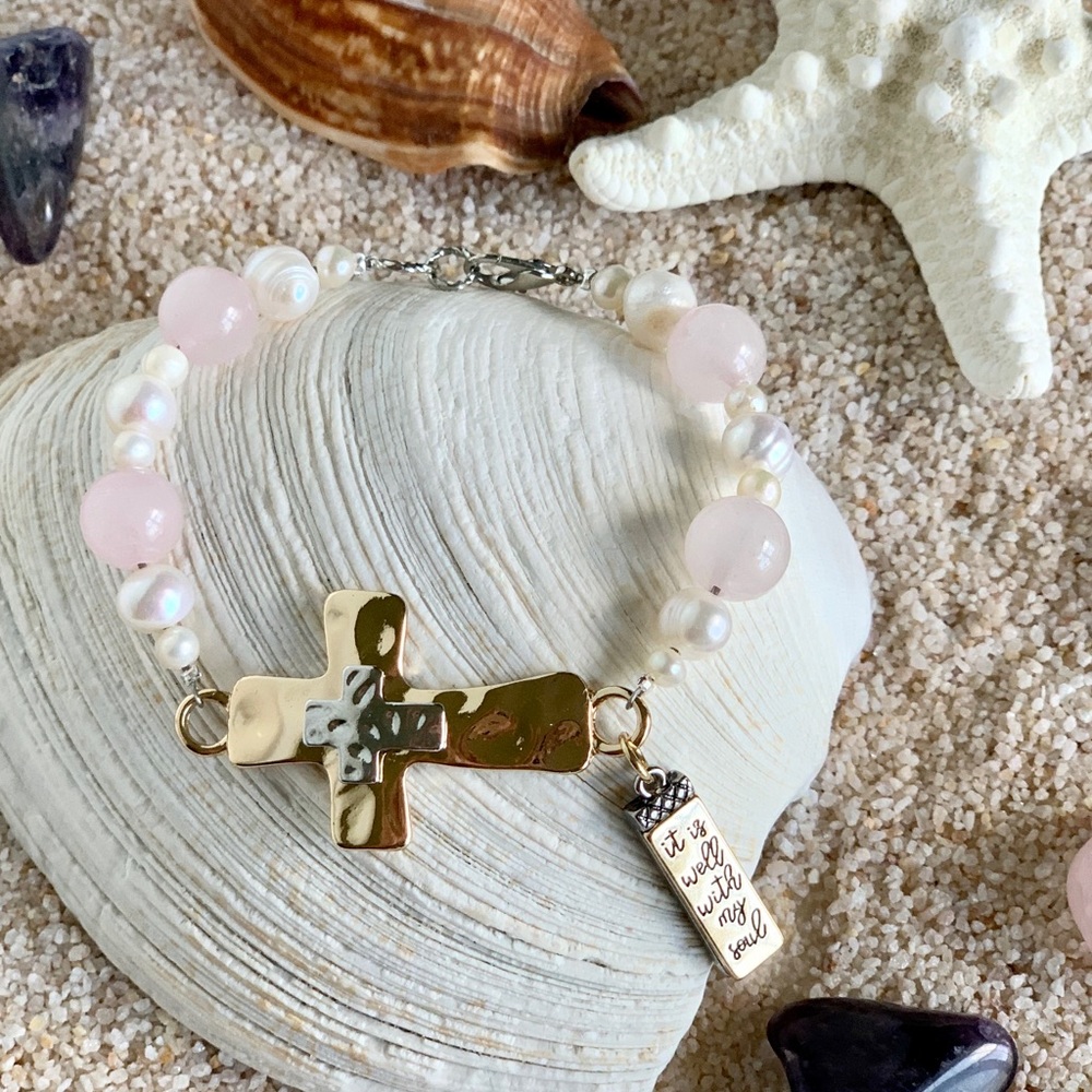 Christian Pearl & Gemstone Cross Charm Bracelet - Anchored in Faith